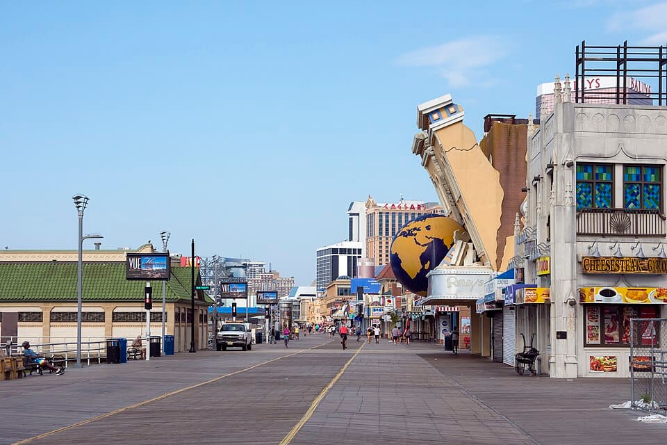 The Atlantic City Boardwalk lined with casino fronts, New Jersey