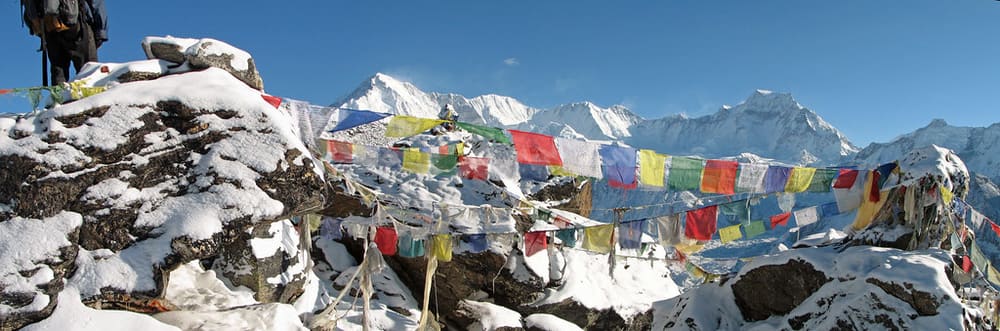 Cho Oyu beyond the prayer flags on Gokyo Ri, Nepal