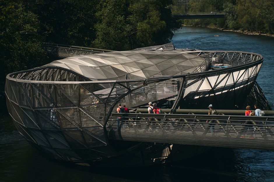 Cross the river through the Murinsel, Graz, Austria