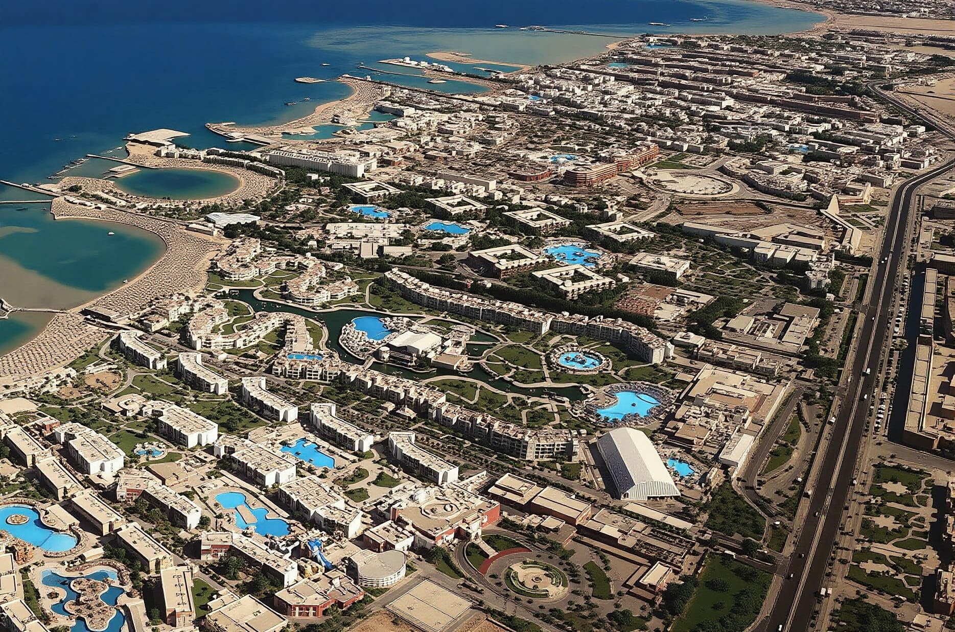 Hurghada's Red Sea resort strip from the air, Egypt