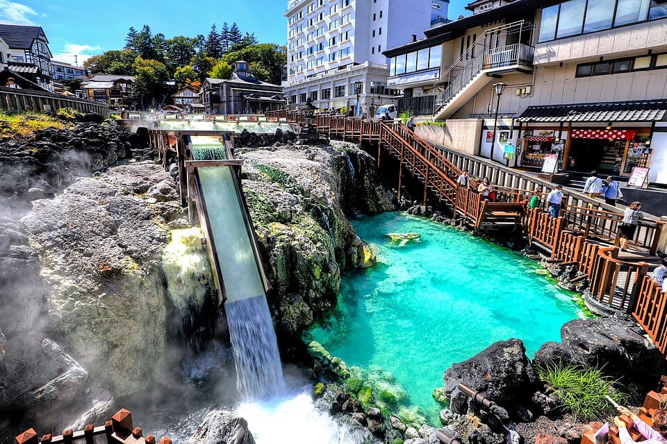 The steaming Yubatake hot spring field at the heart of Kusatsu Onsen, Japan