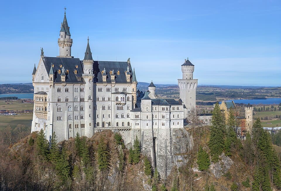 Neuschwanstein Castle on its crag above the Bavarian plain, Germany