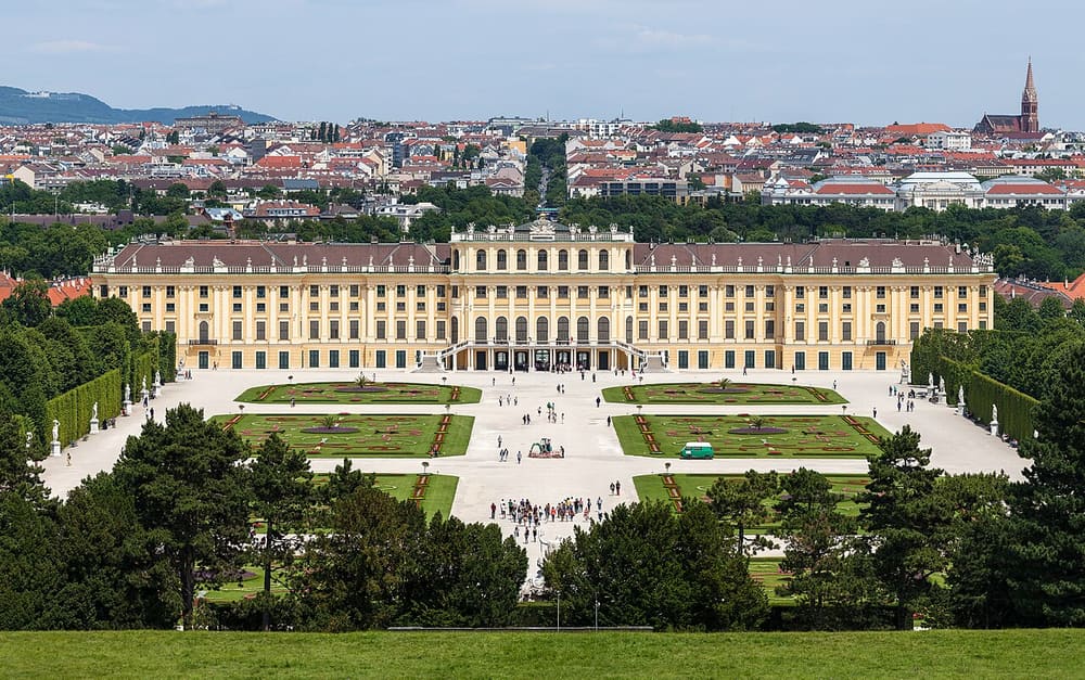 Schönbrunn Palace and its parterre gardens seen from the Gloriette, Vienna