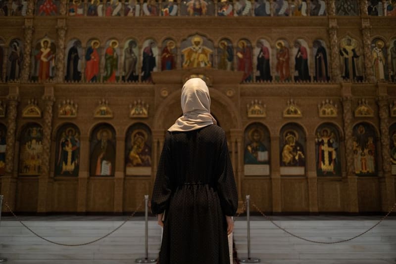 Stand in front of the icons at the Icon Gallery, Ohrid, North Macedonia
