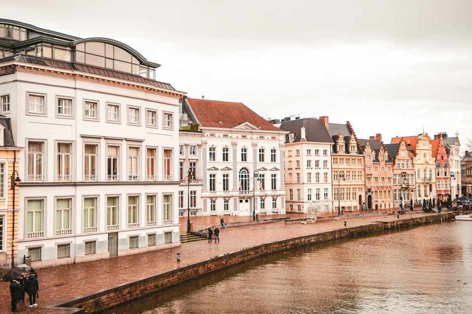 Stand on the Graslei at dusk, Ghent, Belgium