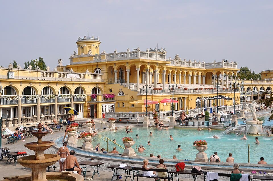 Bathers in the outdoor pool of the Széchenyi Baths, Budapest