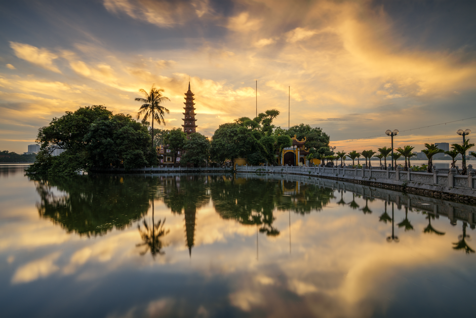 West Lake at sunset, from Tran Quoc Pagoda, Hanoi, Vietnam